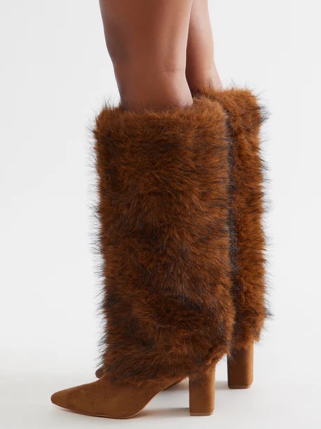 Faux Fur Knee-High Block Heel Boots - Brown